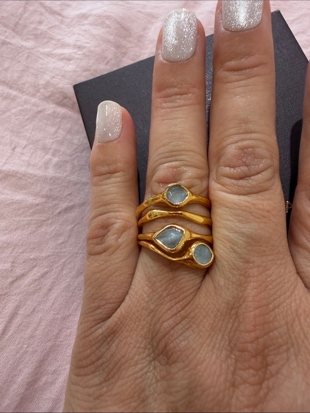 MONICA VINADER Gold Stacked Rings with Pale Blue Stones